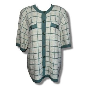 Vintage Aqua & White Button Down Short Sleeve Cardigan